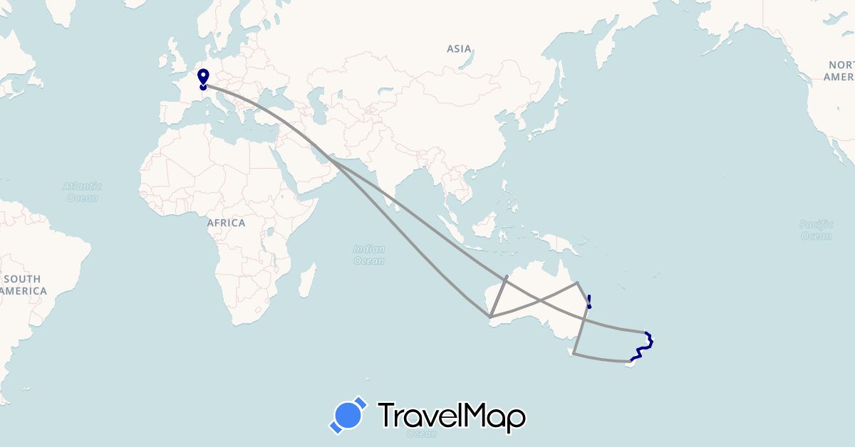 TravelMap itinerary: driving, plane, boat in United Arab Emirates, Australia, Switzerland, New Zealand (Asia, Europe, Oceania)